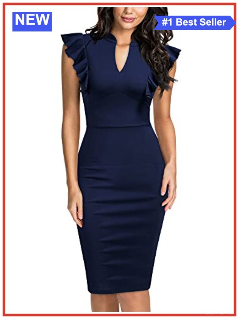 Ruffle Sleeve V-Neck Cocktail Pencil Sheath Dress Knee Length